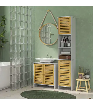Mueble Bajo Lavabo y Columna Auxiliar de Baño con Estantes Ajustables y Puertas de Bambú Base Elevada Blanco y Natural