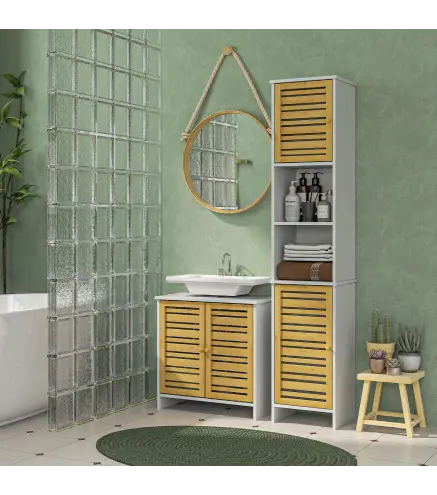 Mueble Bajo Lavabo y Columna Auxiliar de Baño con Estantes Ajustables y Puertas de Bambú Base Elevada Blanco y Natural