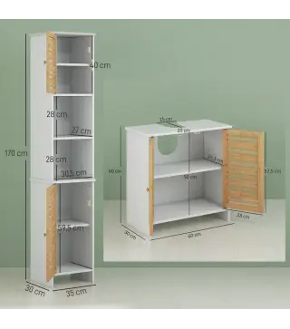 Mueble Bajo Lavabo y Columna Auxiliar de Baño con Estantes Ajustables y Puertas de Bambú Base Elevada Blanco y Natural