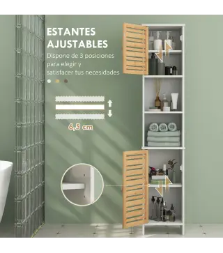 Mueble Bajo Lavabo y Columna Auxiliar de Baño con Estantes Ajustables y Puertas de Bambú Base Elevada Blanco y Natural
