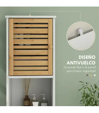 Mueble Bajo Lavabo y Columna Auxiliar de Baño con Estantes Ajustables y Puertas de Bambú Base Elevada Blanco y Natural