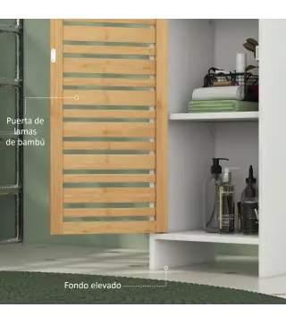 Mueble Bajo Lavabo y Columna Auxiliar de Baño con Estantes Ajustables y Puertas de Bambú Base Elevada Blanco y Natural