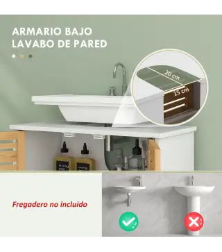 Mueble Bajo Lavabo y Columna Auxiliar de Baño con Estantes Ajustables y Puertas de Bambú Base Elevada Blanco y Natural