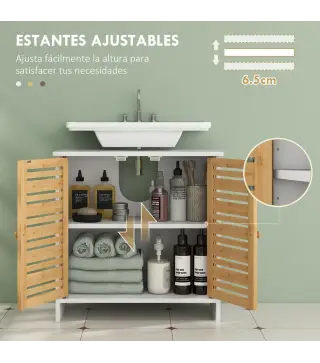 Mueble Bajo Lavabo y Columna Auxiliar de Baño con Estantes Ajustables y Puertas de Bambú Base Elevada Blanco y Natural