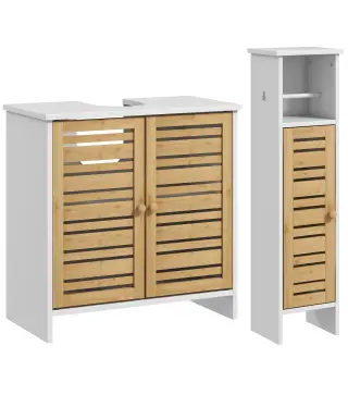 Conjunto de Mueble Bajo Lavabo y Columna Auxiliar con Estantes Ajustables y Puertas de Bambú Blanco y Natural
