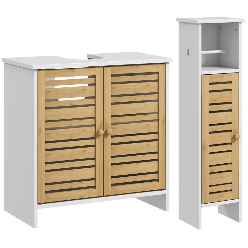 Conjunto de Mueble Bajo Lavabo y Columna Auxiliar con Estantes Ajustables y Puertas de Bambú Blanco y Natural