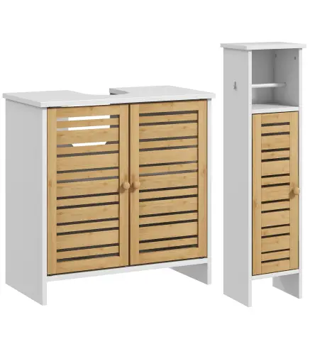 Conjunto de Mueble Bajo Lavabo y Columna Auxiliar con Estantes Ajustables y Puertas de Bambú Blanco y Natural