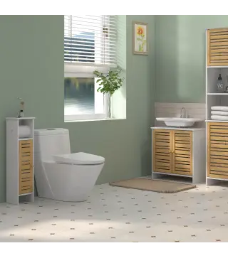 Conjunto de Mueble Bajo Lavabo y Columna Auxiliar con Estantes Ajustables y Puertas de Bambú Blanco y Natural