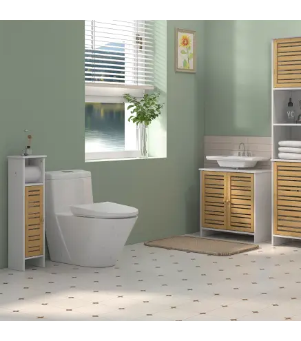 Conjunto de Mueble Bajo Lavabo y Columna Auxiliar con Estantes Ajustables y Puertas de Bambú Blanco y Natural