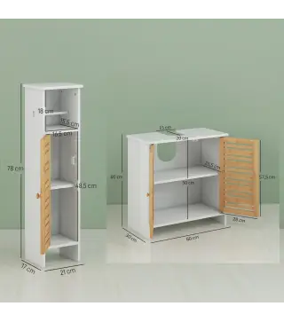 Conjunto de Mueble Bajo Lavabo y Columna Auxiliar con Estantes Ajustables y Puertas de Bambú Blanco y Natural