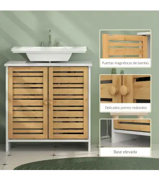 Conjunto de Mueble Bajo Lavabo y Columna Auxiliar con Estantes Ajustables y Puertas de Bambú Blanco y Natural