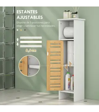 Conjunto de Mueble Bajo Lavabo y Columna Auxiliar con Estantes Ajustables y Puertas de Bambú Blanco y Natural