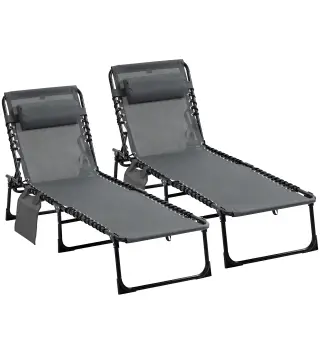 Conjunto de 2 Tumbonas Plegables con Respaldo Ajustable Reposacabezas y Estructura de Acero 185x58x30 cm Gris