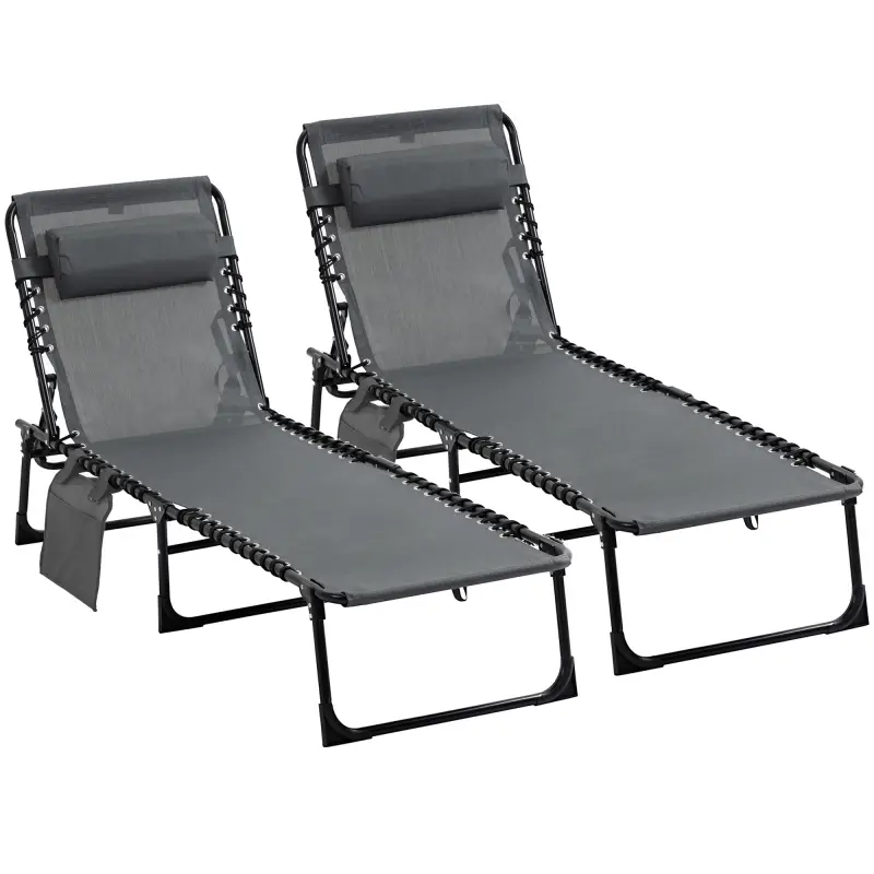 Conjunto de 2 Tumbonas Plegables con Respaldo Ajustable Reposacabezas y Estructura de Acero 185x58x30 cm Gris Conjunto de 2 Tumbonas Plegables con Respaldo Ajustable Reposacabezas y Estructura de Acero 185x58x30 cm Gris