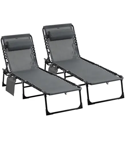 Conjunto de 2 Tumbonas Plegables con Respaldo Ajustable Reposacabezas y Estructura de Acero 185x58x30 cm Gris