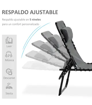Conjunto de 2 Tumbonas Plegables con Respaldo Ajustable Reposacabezas y Estructura de Acero 185x58x30 cm Gris