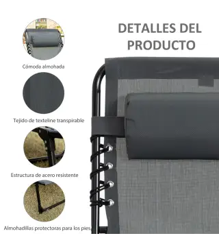 Conjunto de 2 Tumbonas Plegables con Respaldo Ajustable Reposacabezas y Estructura de Acero 185x58x30 cm Gris