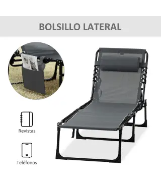 Conjunto de 2 Tumbonas Plegables con Respaldo Ajustable Reposacabezas y Estructura de Acero 185x58x30 cm Gris