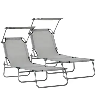 Set de 2 Tumbonas de Jardín Reclinables con Toldo Desmontable y Respaldo Ajustable en 4 Niveles 187x58x36cm Gris Claro