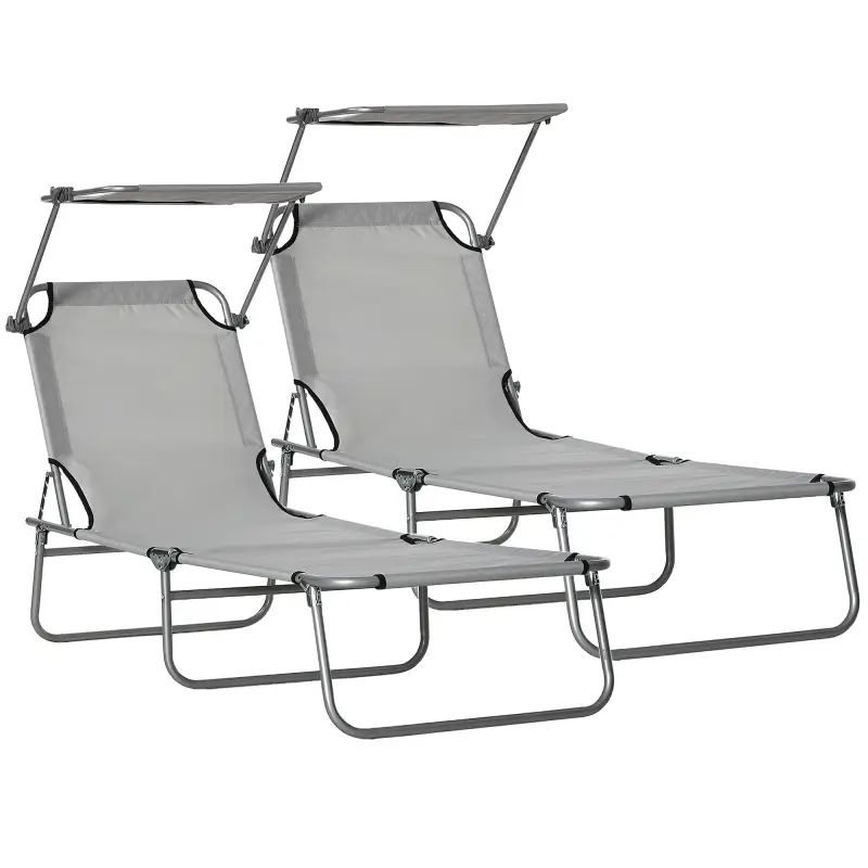 Set de 2 Tumbonas de Jardín Reclinables con Toldo Desmontable y Respaldo Ajustable en 4 Niveles 187x58x36cm Gris Claro Set de 2 Tumbonas de Jardín Reclinables con Toldo Desmontable y Respaldo Ajustable en 4 Niveles 187x58x36cm Gris Claro
