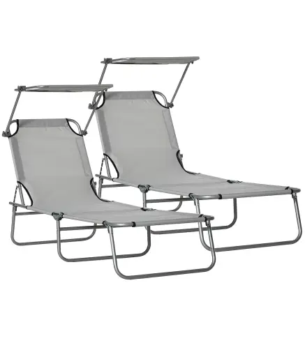 Set de 2 Tumbonas de Jardín Reclinables con Toldo Desmontable y Respaldo Ajustable en 4 Niveles 187x58x36cm Gris Claro