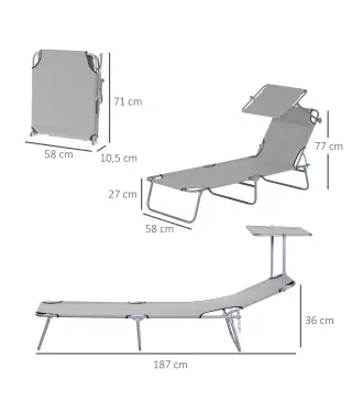 Set de 2 Tumbonas de Jardín Reclinables con Toldo Desmontable y Respaldo Ajustable en 4 Niveles 187x58x36cm Gris Claro