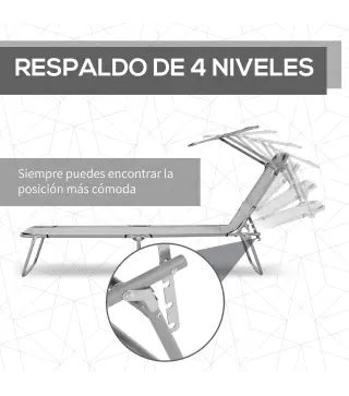 Set de 2 Tumbonas de Jardín Reclinables con Toldo Desmontable y Respaldo Ajustable en 4 Niveles 187x58x36cm Gris Claro