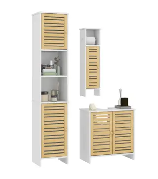 Conjunto de Muebles para Baño con Mueble para Lavabo Columna y Armario Auxiliar Estantes Ajustables Sistema Anti-vuelco