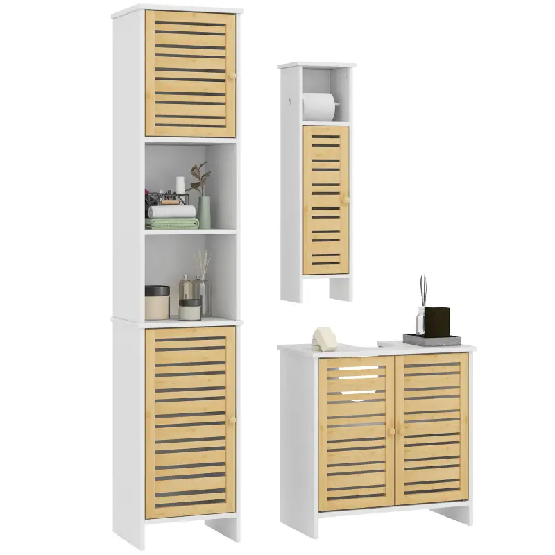 Conjunto de Muebles para Baño con Mueble para Lavabo Columna y Armario Auxiliar Estantes Ajustables Sistema Anti-vuelco