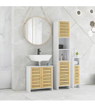 Conjunto de Muebles para Baño con Mueble para Lavabo Columna y Armario Auxiliar Estantes Ajustables Sistema Anti-vuelco