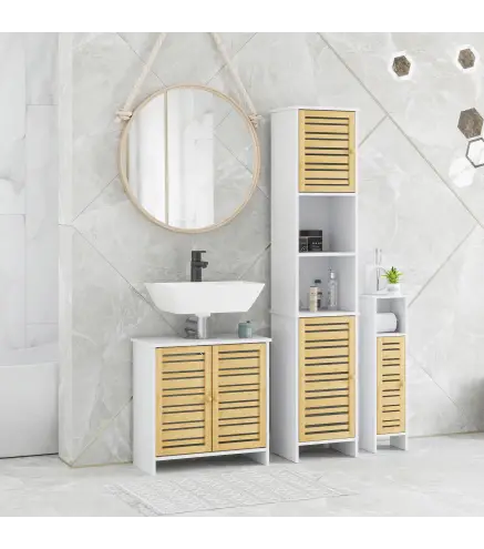Conjunto de Muebles para Baño con Mueble para Lavabo Columna y Armario Auxiliar Estantes Ajustables Sistema Anti-vuelco