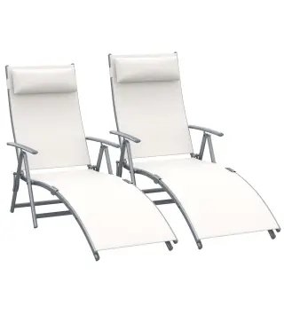Set de 2 Tumbonas de Jardín Plegables con Respaldo Ajustable Almohada y Reposabrazos 137x63,5x100,5 cm Beige