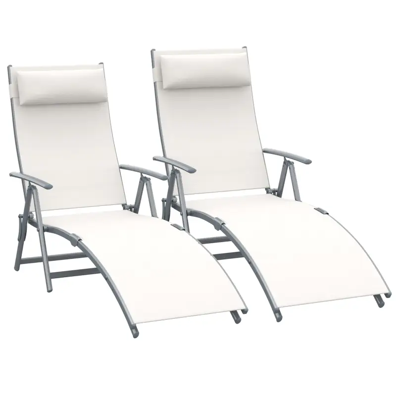 Set de 2 Tumbonas de Jardín Plegables con Respaldo Ajustable Almohada y Reposabrazos 137x63,5x100,5 cm Beige Set de 2 Tumbonas de Jardín Plegables con Respaldo Ajustable Almohada y Reposabrazos 137x63,5x100,5 cm Beige