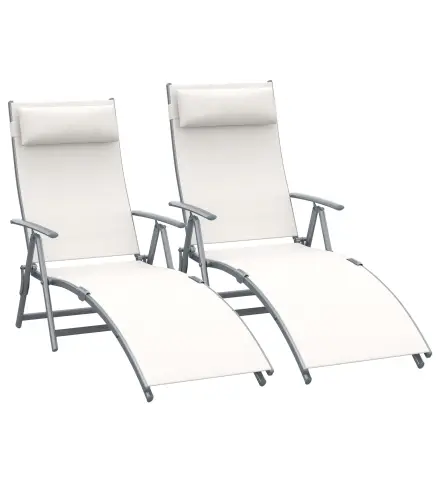 Set de 2 Tumbonas de Jardín Plegables con Respaldo Ajustable Almohada y Reposabrazos 137x63,5x100,5 cm Beige