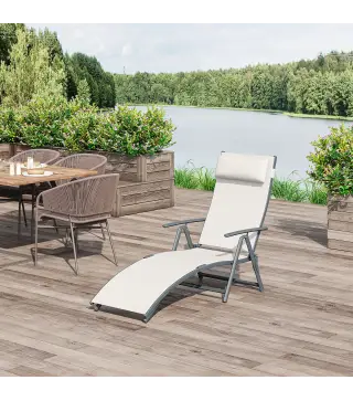 Set de 2 Tumbonas de Jardín Plegables con Respaldo Ajustable Almohada y Reposabrazos 137x63,5x100,5 cm Beige