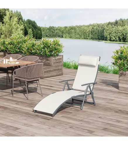 Set de 2 Tumbonas de Jardín Plegables con Respaldo Ajustable Almohada y Reposabrazos 137x63,5x100,5 cm Beige