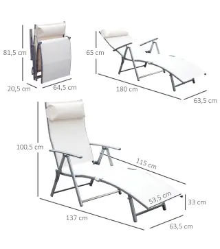 Set de 2 Tumbonas de Jardín Plegables con Respaldo Ajustable Almohada y Reposabrazos 137x63,5x100,5 cm Beige