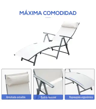 Set de 2 Tumbonas de Jardín Plegables con Respaldo Ajustable Almohada y Reposabrazos 137x63,5x100,5 cm Beige