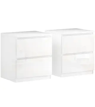 Set de 2 Mesitas de Noche con 2 Cajones Mesa Auxiliar para Dormitorio Salón 40x34x45 cm Blanco Brillo