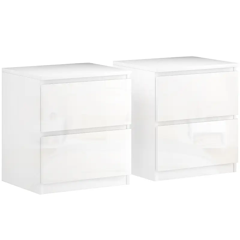 Set de 2 Mesitas de Noche con 2 Cajones Mesa Auxiliar para Dormitorio Salón 40x34x45 cm Blanco Brillo Set de 2 Mesitas de Noche con 2 Cajones Mesa Auxiliar para Dormitorio Salón 40x34x45 cm Blanco Brillo