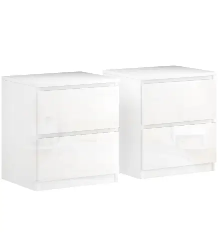 Set de 2 Mesitas de Noche con 2 Cajones Mesa Auxiliar para Dormitorio Salón 40x34x45 cm Blanco Brillo