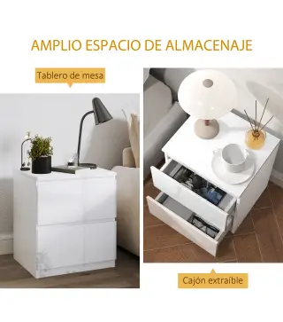 Set de 2 Mesitas de Noche con 2 Cajones Mesa Auxiliar para Dormitorio Salón 40x34x45 cm Blanco Brillo