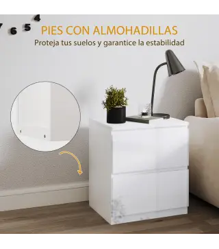 Set de 2 Mesitas de Noche con 2 Cajones Mesa Auxiliar para Dormitorio Salón 40x34x45 cm Blanco Brillo