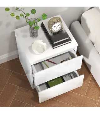 Set de 2 Mesitas de Noche con 2 Cajones Mesa Auxiliar para Dormitorio Salón 40x34x45 cm Blanco Brillo