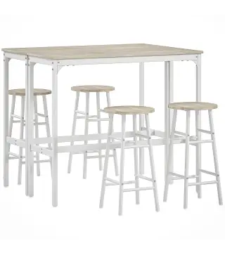 Conjunto de 2 Mesas Altas de Bar con 4 Taburetes Marco de Acero Estilo Industrial Natural y Blanco