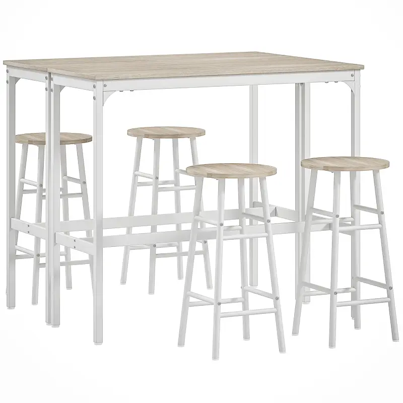 Conjunto de 2 Mesas Altas de Bar con 4 Taburetes Marco de Acero Estilo Industrial Natural y Blanco Conjunto de 2 Mesas Altas de Bar con 4 Taburetes Marco de Acero Estilo Industrial Natural y Blanco