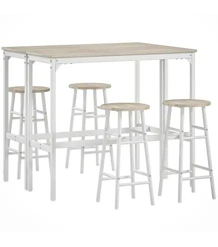 Conjunto de 2 Mesas Altas de Bar con 4 Taburetes Marco de Acero Estilo Industrial Natural y Blanco