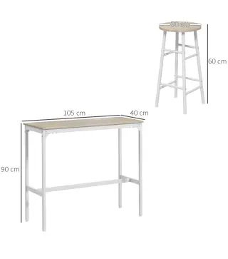 Conjunto de 2 Mesas Altas de Bar con 4 Taburetes Marco de Acero Estilo Industrial Natural y Blanco