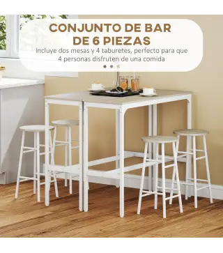 Conjunto de 2 Mesas Altas de Bar con 4 Taburetes Marco de Acero Estilo Industrial Natural y Blanco