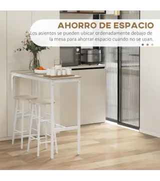 Conjunto de 2 Mesas Altas de Bar con 4 Taburetes Marco de Acero Estilo Industrial Natural y Blanco